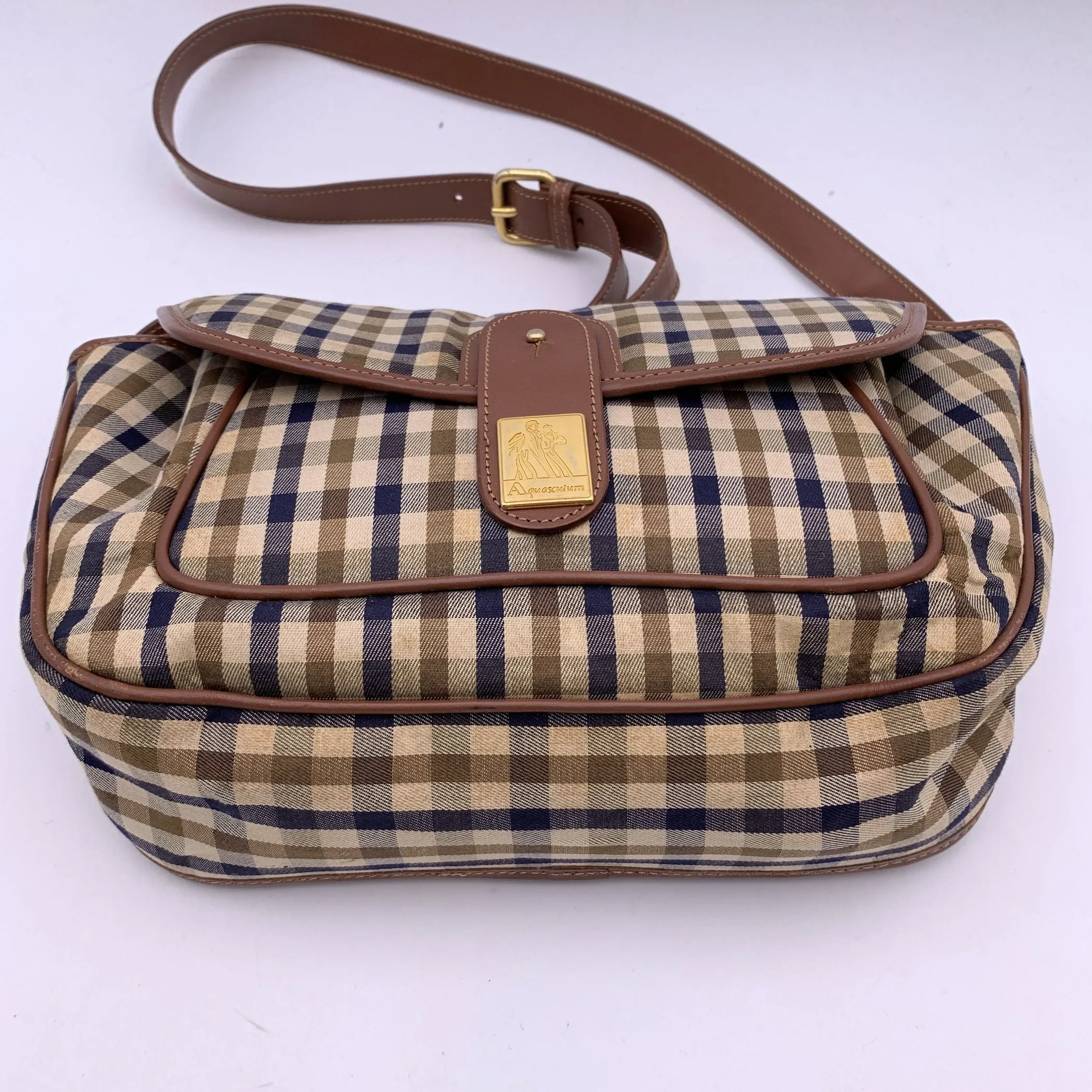 Aquascutum Beige and Brown Tartan Check Canvas Messenger Bag