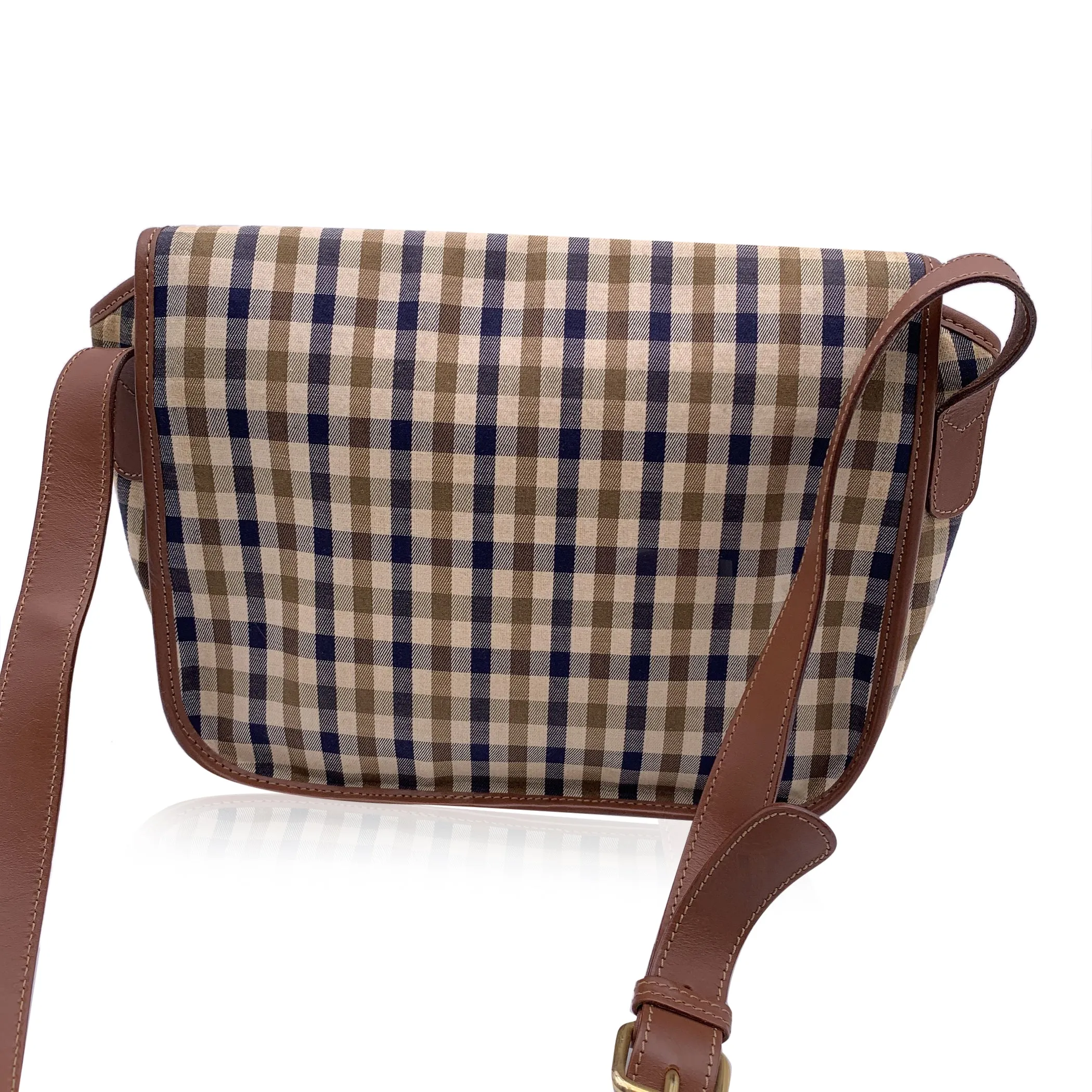 Aquascutum Beige and Brown Tartan Check Canvas Messenger Bag