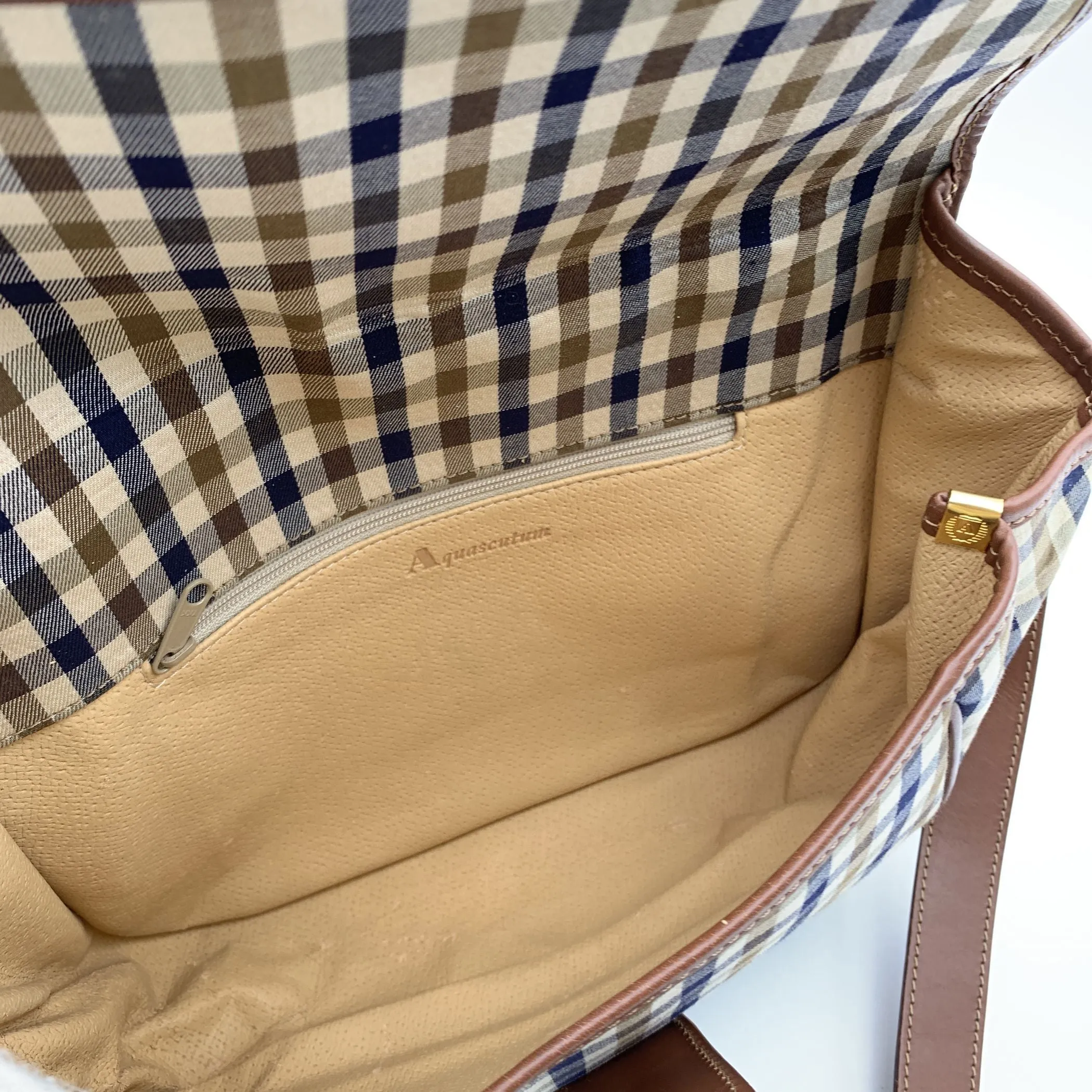 Aquascutum Beige and Brown Tartan Check Canvas Messenger Bag