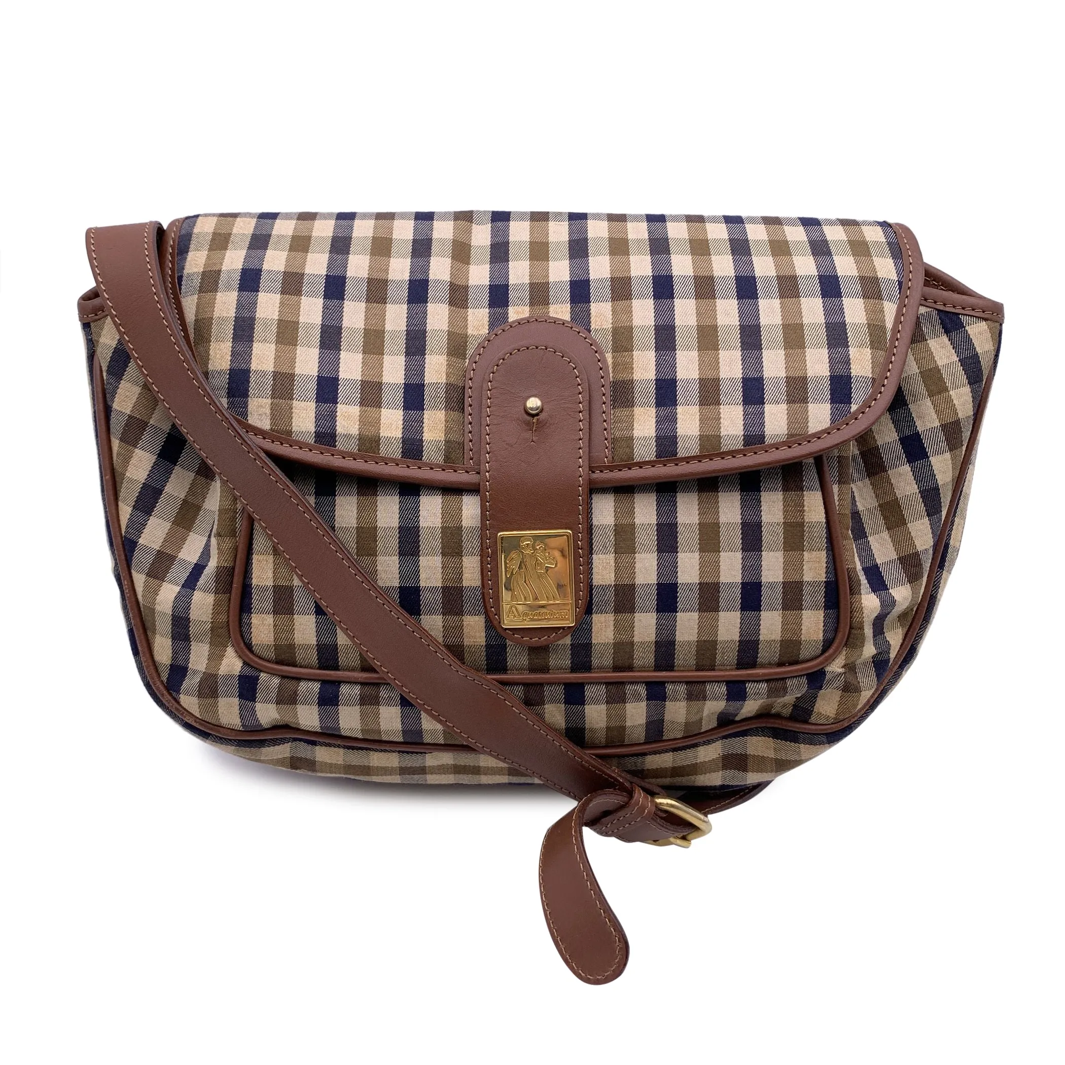 Aquascutum Beige and Brown Tartan Check Canvas Messenger Bag