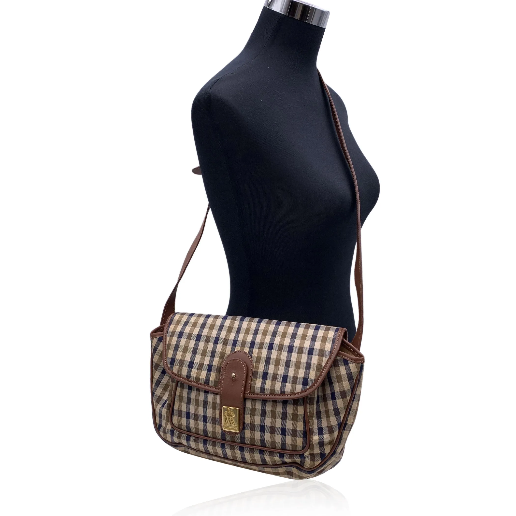 Aquascutum Beige and Brown Tartan Check Canvas Messenger Bag