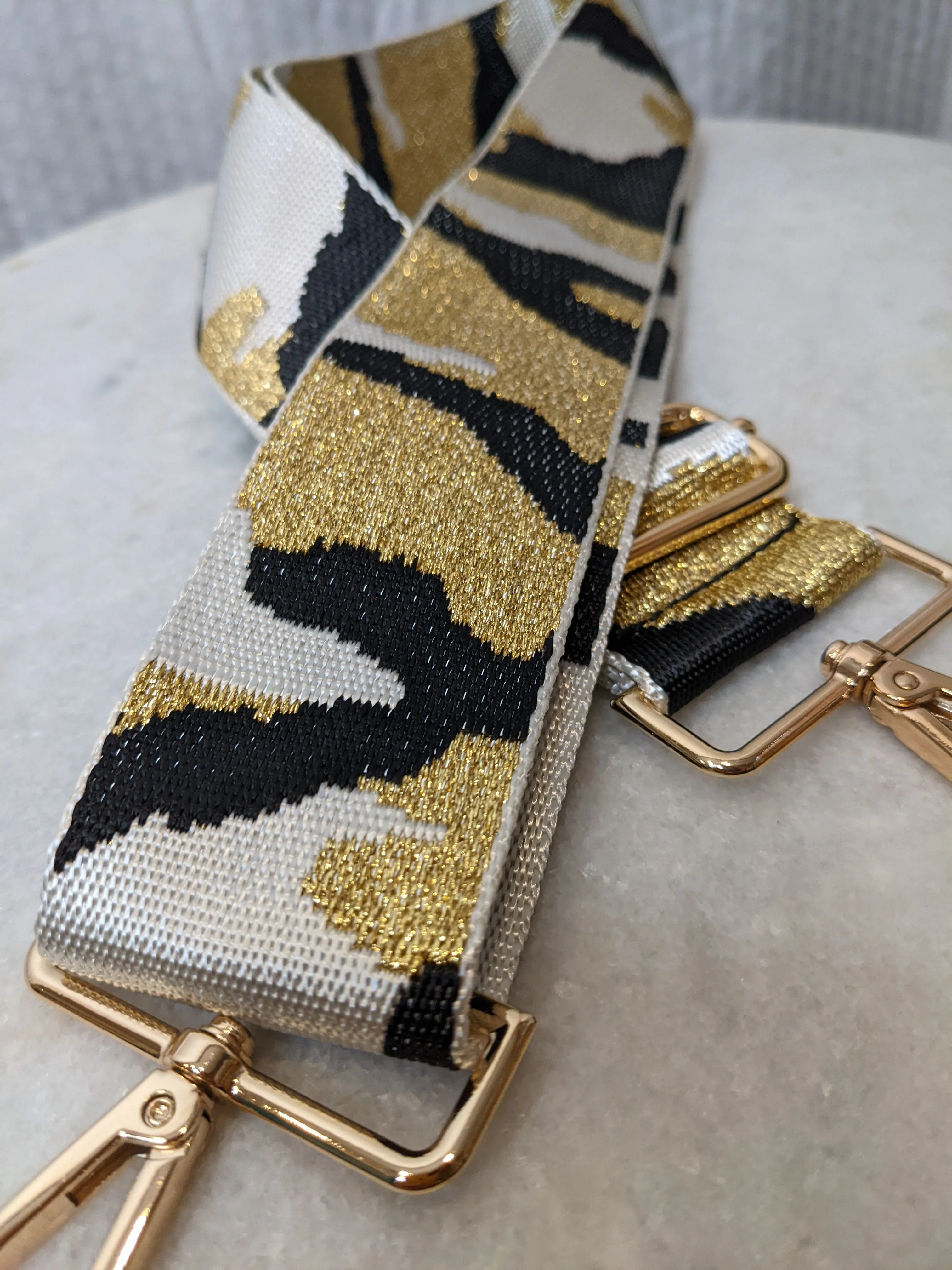 CTHRU Purses Camo White, Black and Gold Purse Strap with Gold Accents NWOT