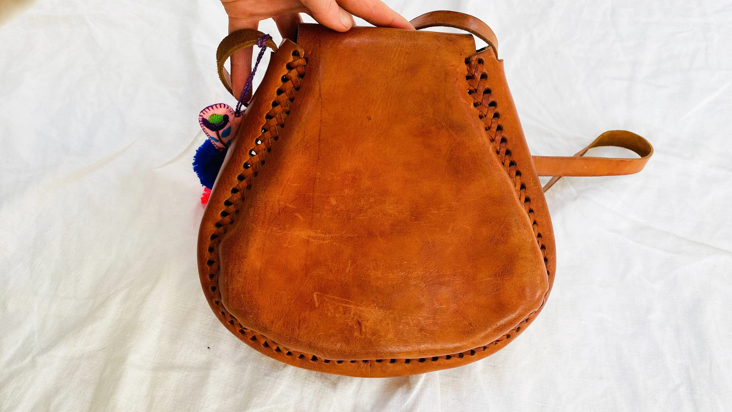 Leather Bag. Adjustable Strap. Heart Tassel