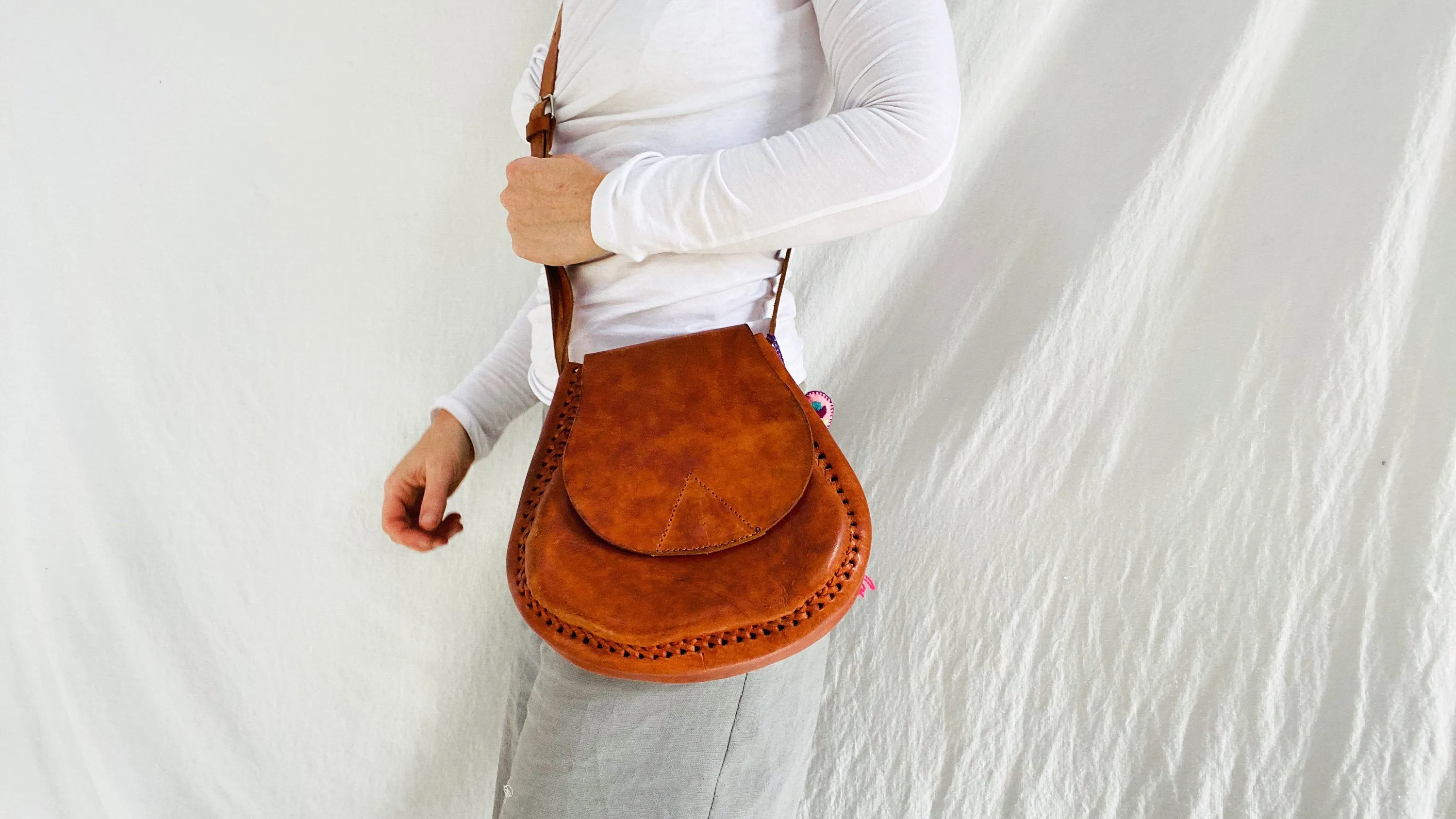 Leather Bag. Adjustable Strap. Heart Tassel