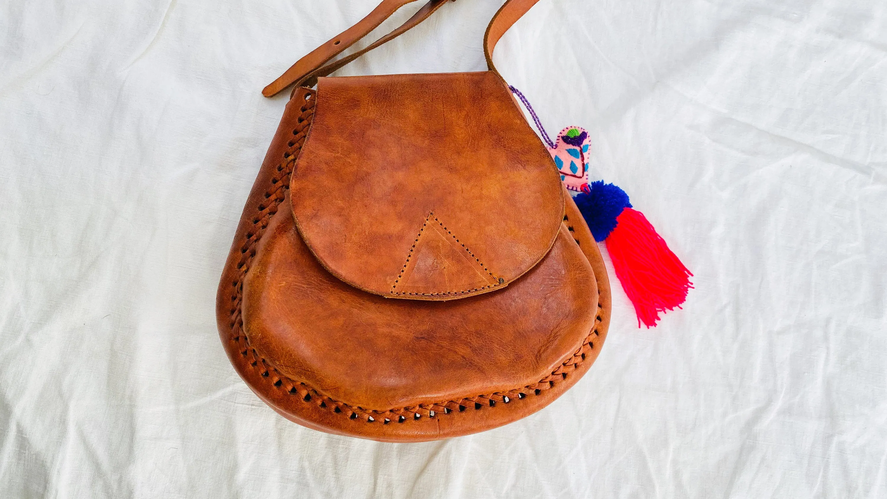 Leather Bag. Adjustable Strap. Heart Tassel
