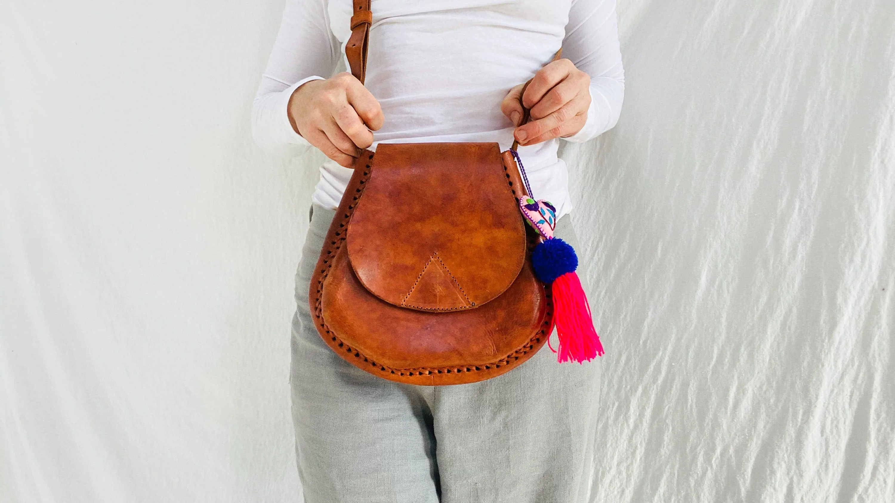 Leather Bag. Adjustable Strap. Heart Tassel