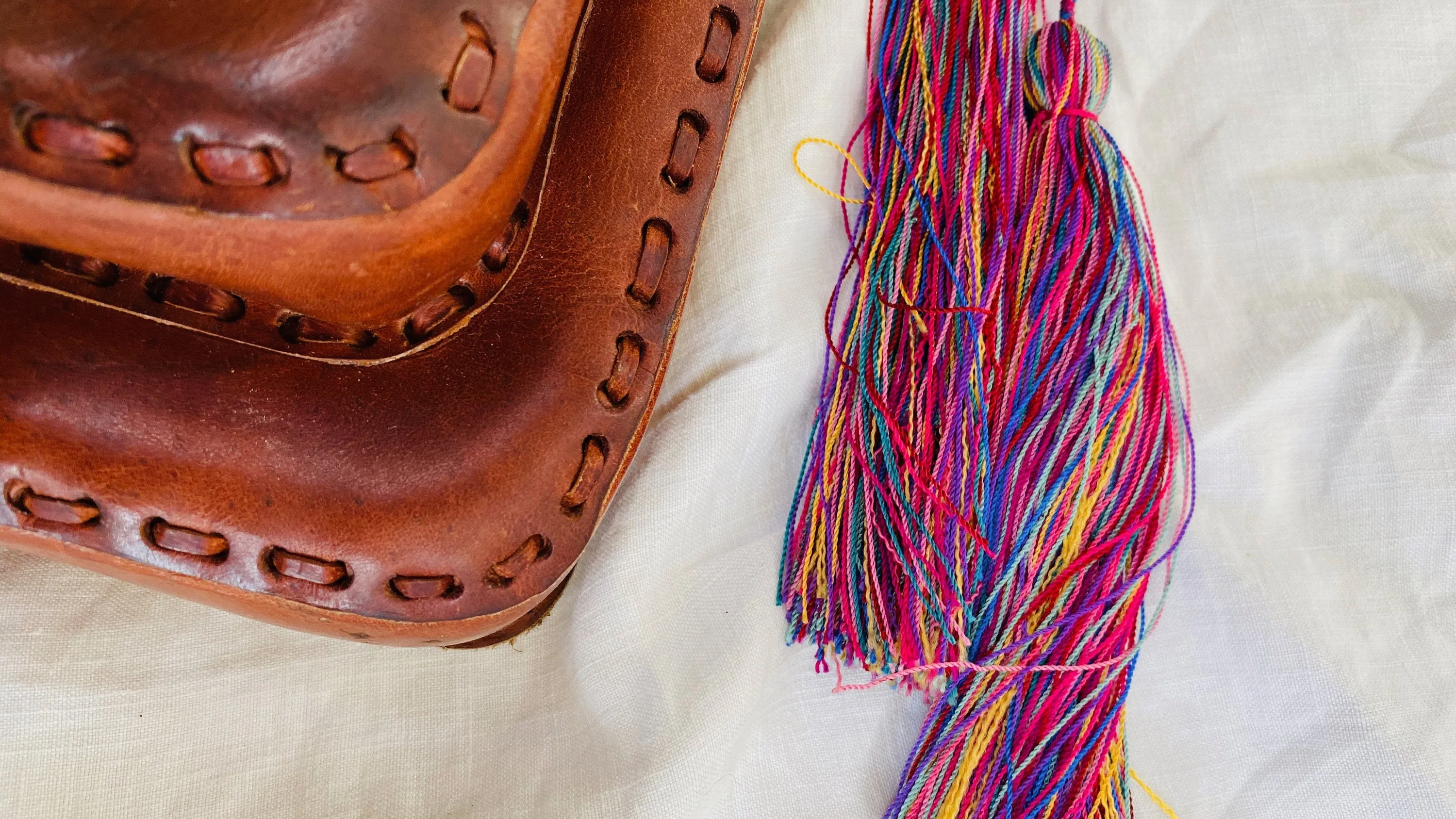 Leather Bag. Adjustable Strap. Zinacantan Tassels