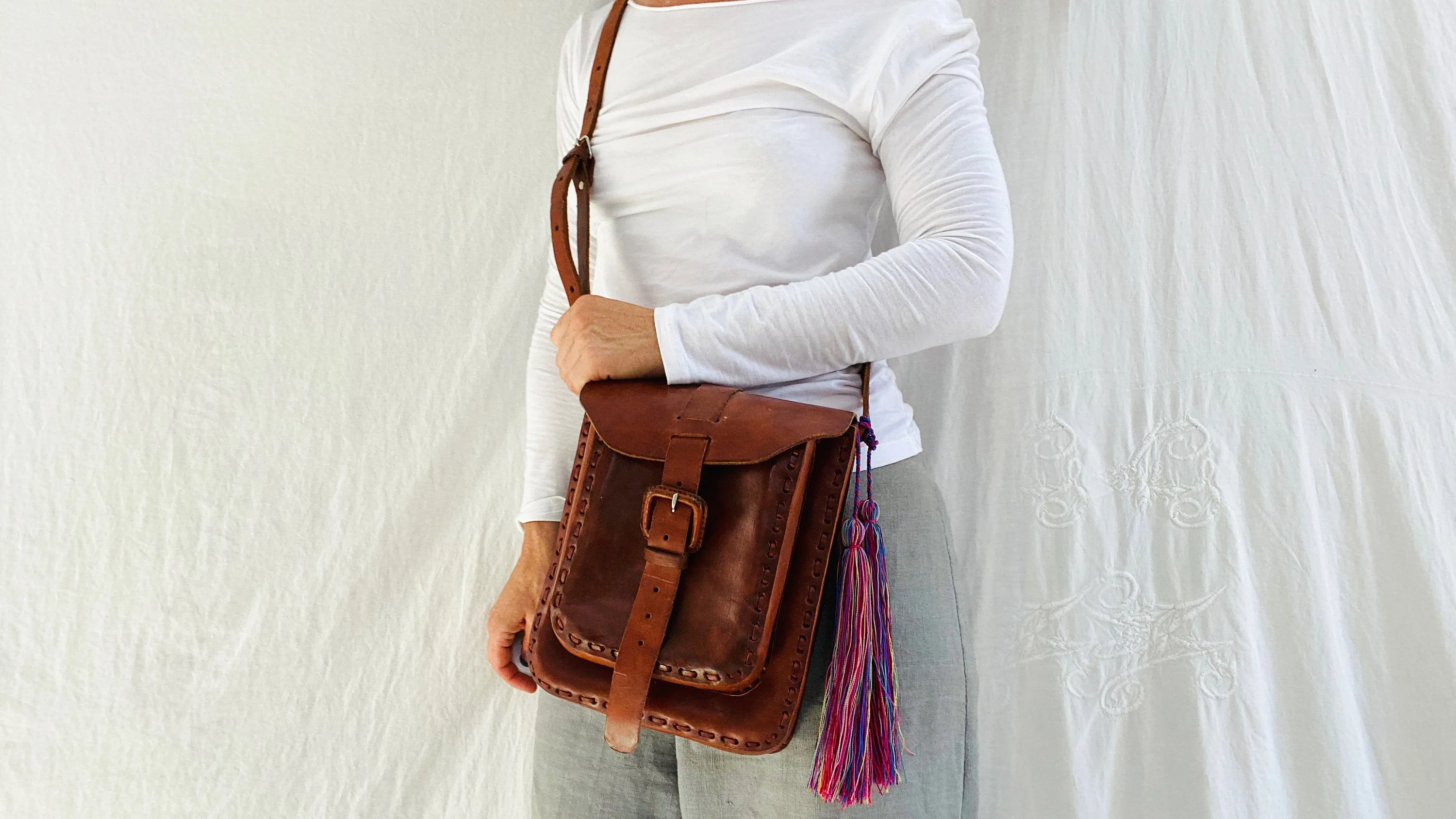 Leather Bag. Adjustable Strap. Zinacantan Tassels