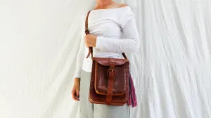 Leather Bag. Adjustable Strap. Zinacantan Tassels