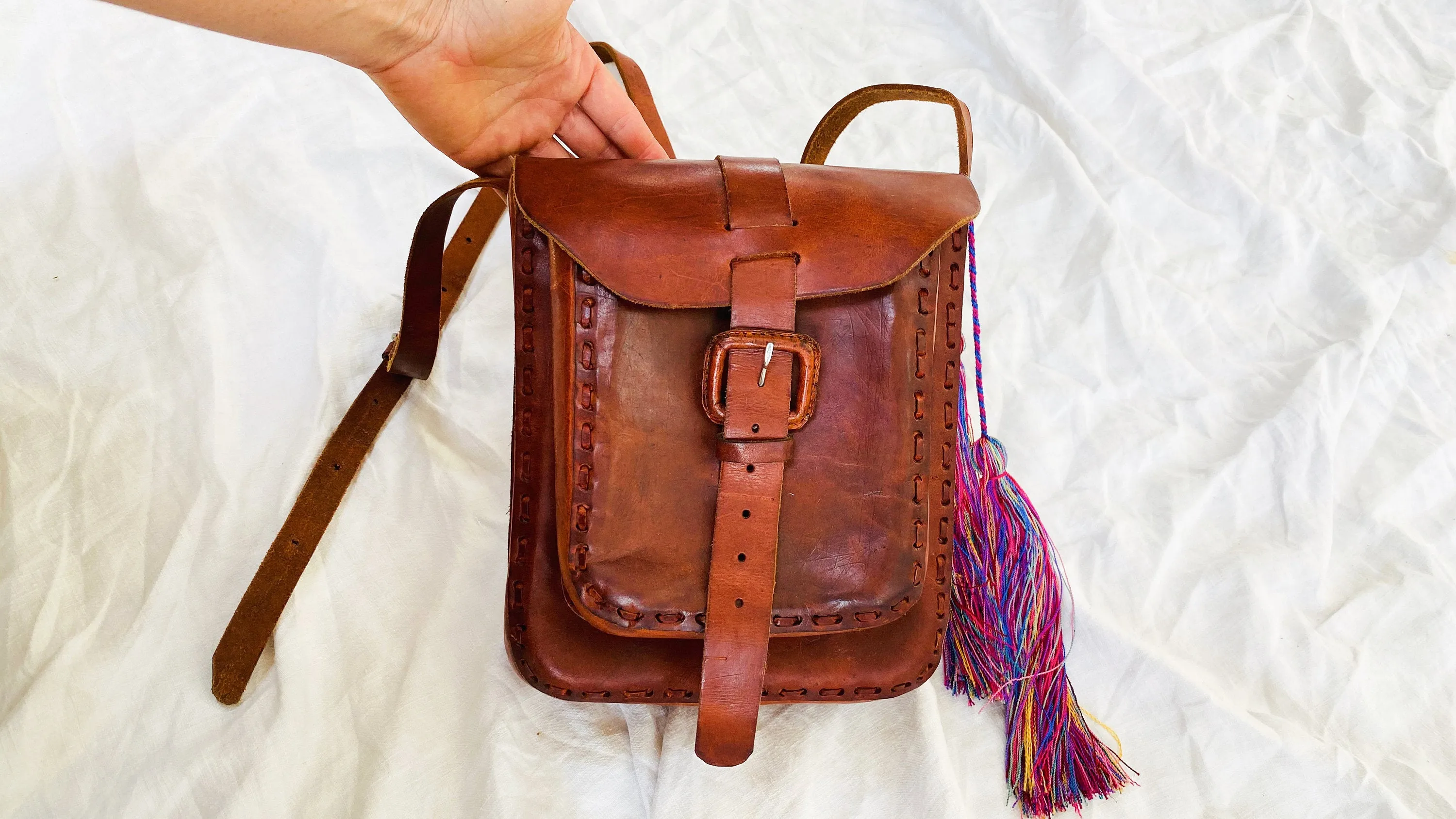 Leather Bag. Adjustable Strap. Zinacantan Tassels