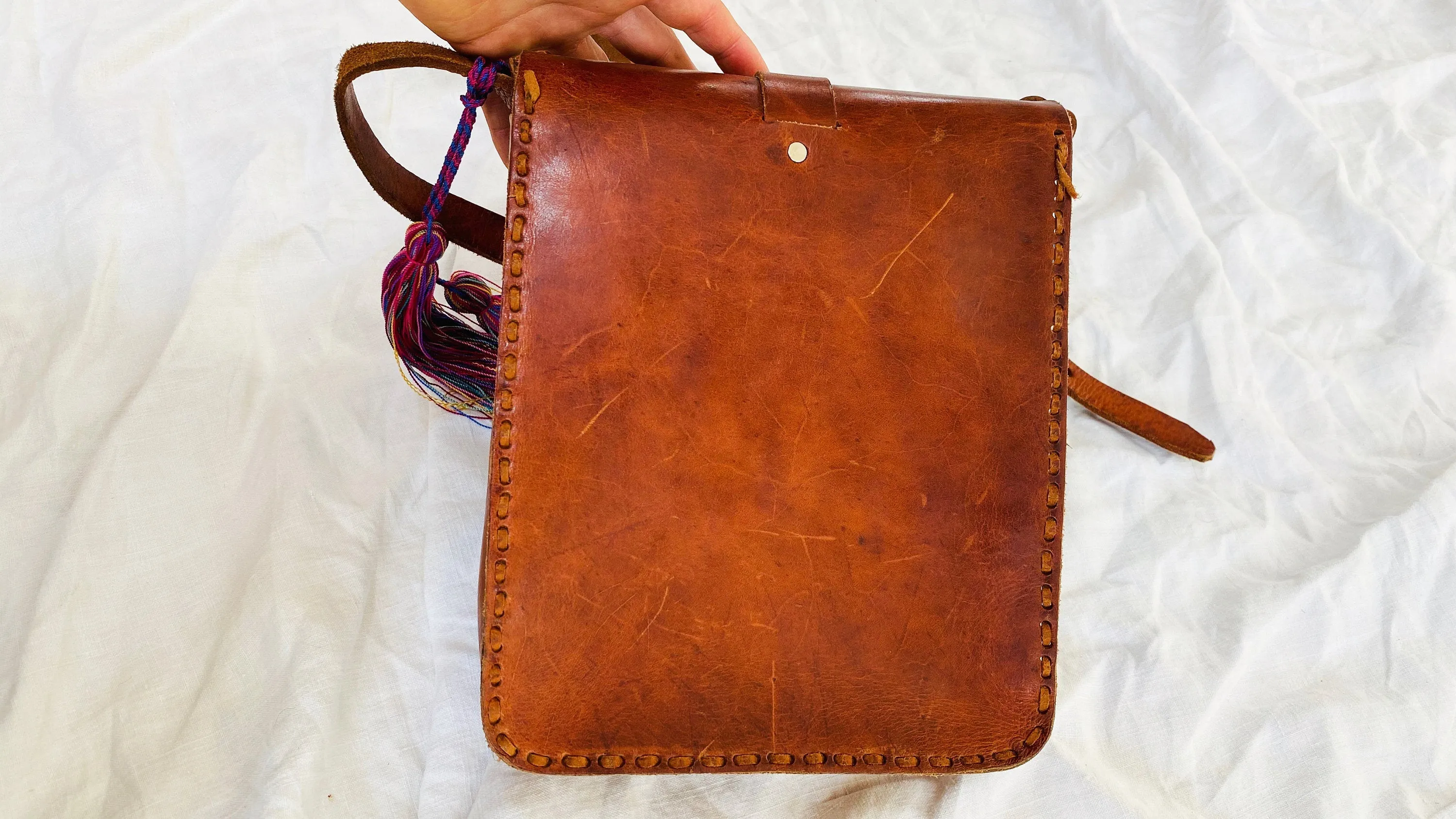 Leather Bag. Adjustable Strap. Zinacantan Tassels