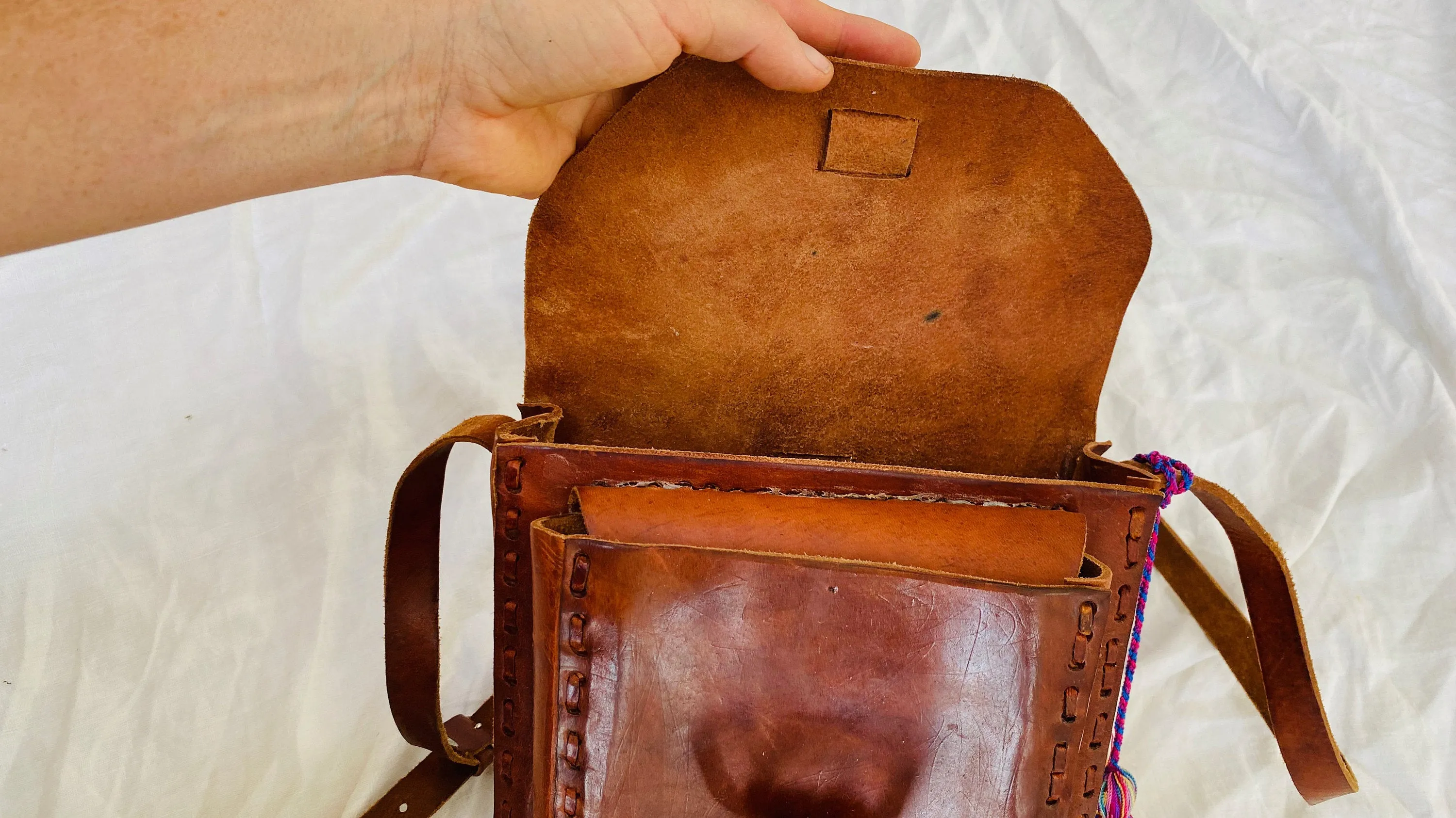 Leather Bag. Adjustable Strap. Zinacantan Tassels
