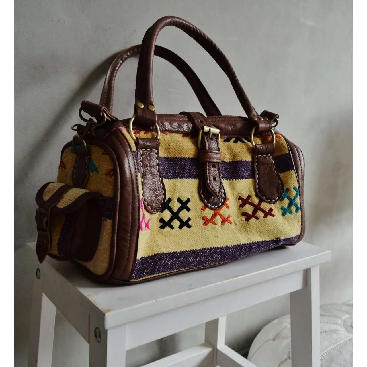 Moroccan Kilim Leather Satchel Cross Shoulder Straps Berber style No.3