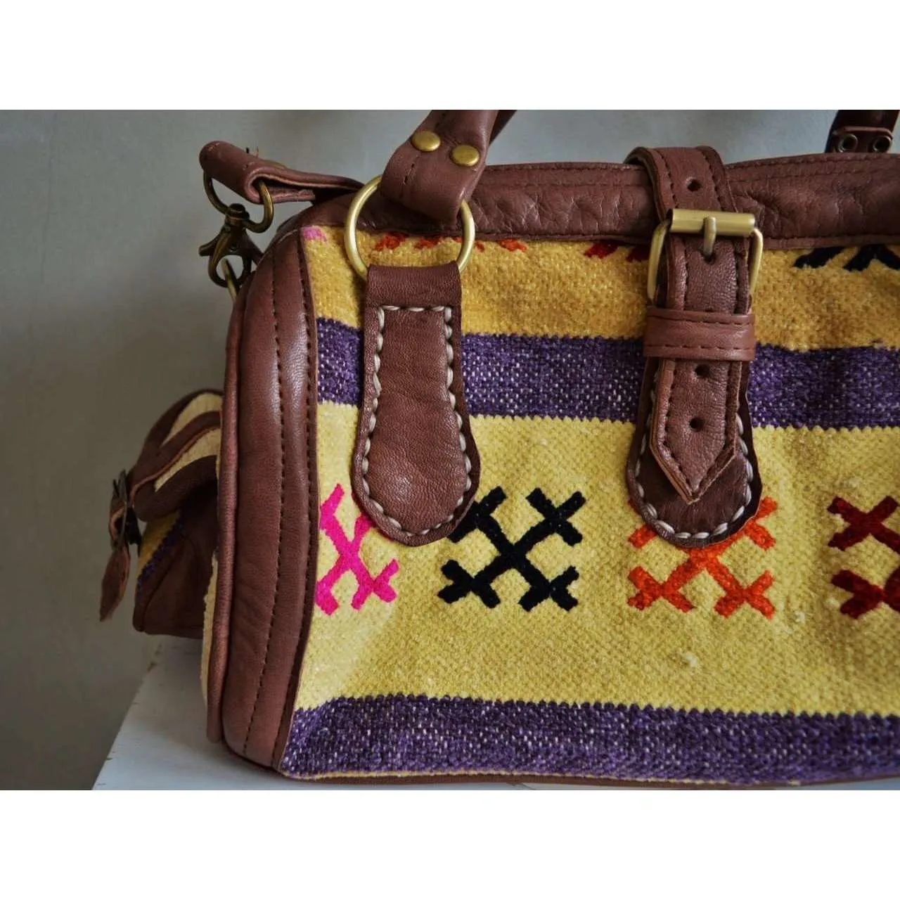 Moroccan Kilim Leather Satchel Cross Shoulder Straps Berber style No.3