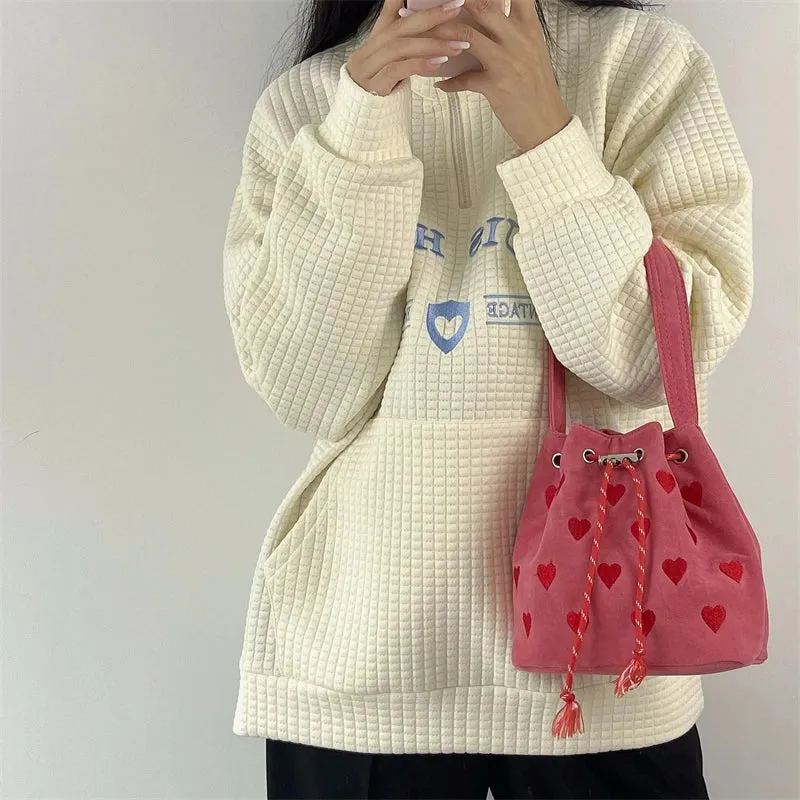 Pink Heart Embroidered Bucket Drawstring Bag