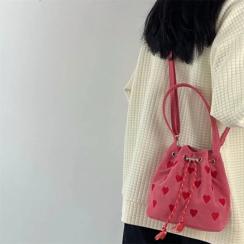 Pink Heart Embroidered Bucket Drawstring Bag