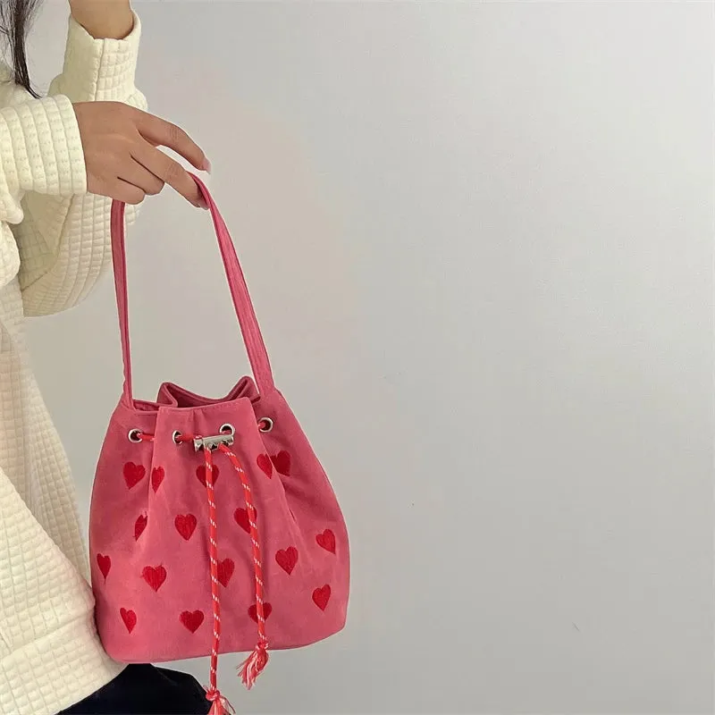 Pink Heart Embroidered Bucket Drawstring Bag