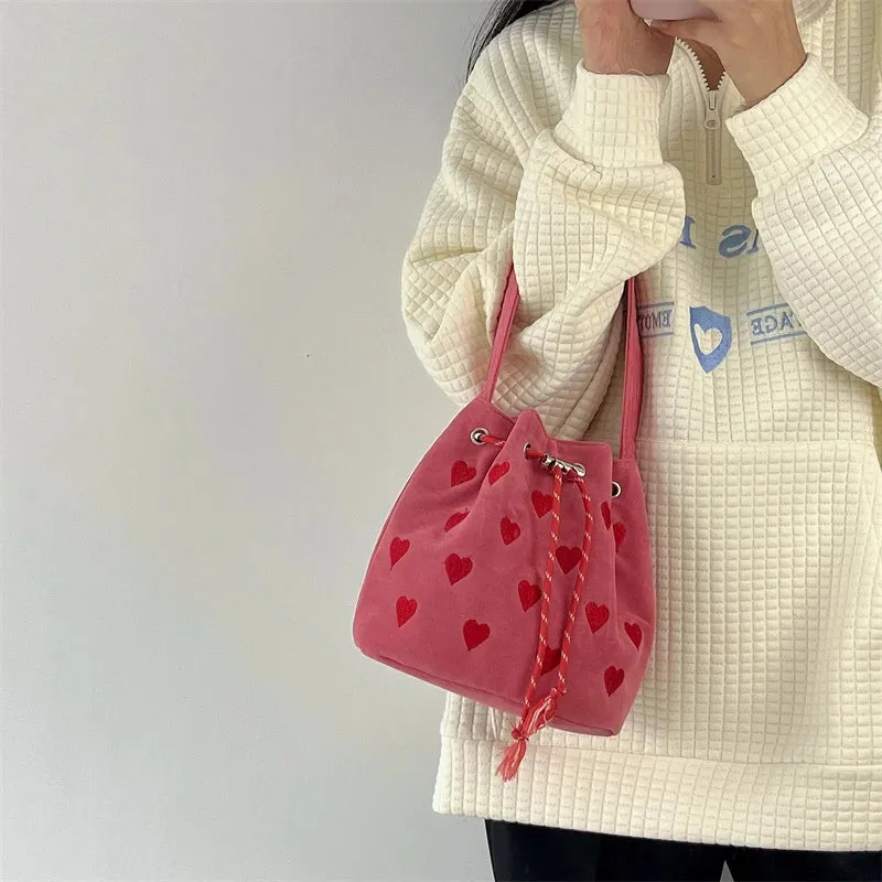 Pink Heart Embroidered Bucket Drawstring Bag