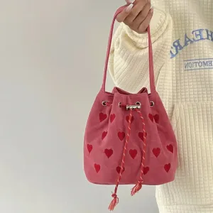 Pink Heart Embroidered Bucket Drawstring Bag