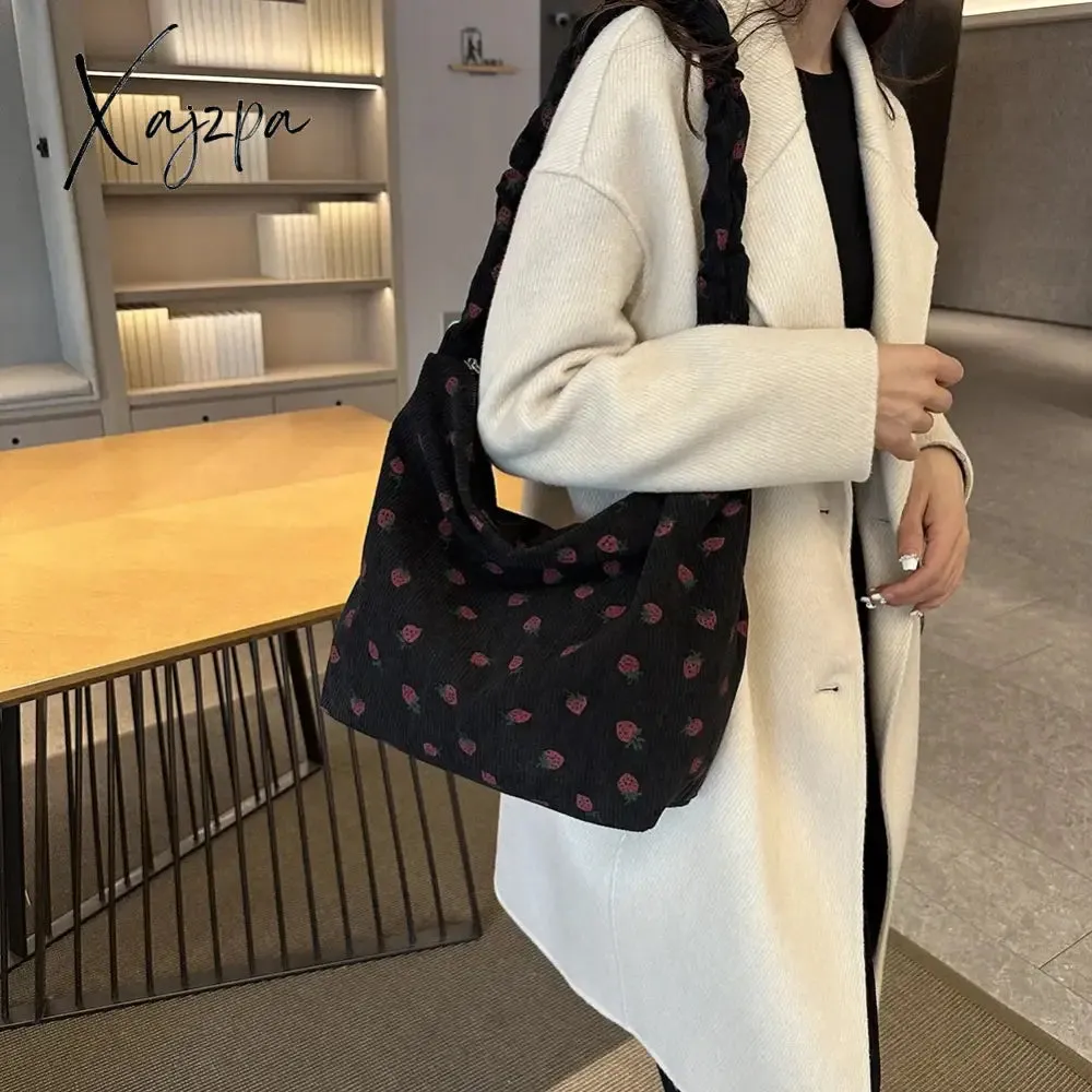 Women Strawberry Printed Shoulder Bag with Ruched Strap Strawberry Pattern Satchel Bag Corduroy Ladies Shopping Bags