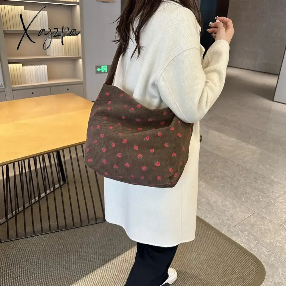 Women Strawberry Printed Shoulder Bag with Ruched Strap Strawberry Pattern Satchel Bag Corduroy Ladies Shopping Bags