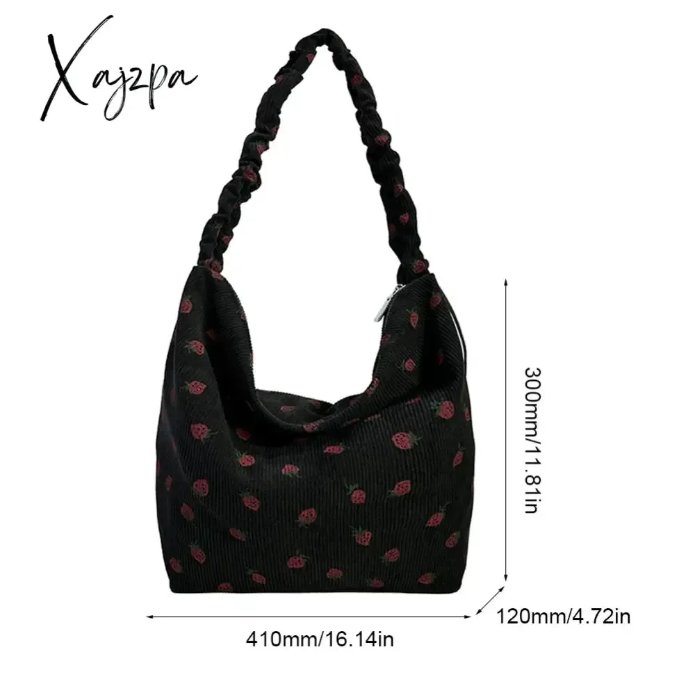 Women Strawberry Printed Shoulder Bag with Ruched Strap Strawberry Pattern Satchel Bag Corduroy Ladies Shopping Bags