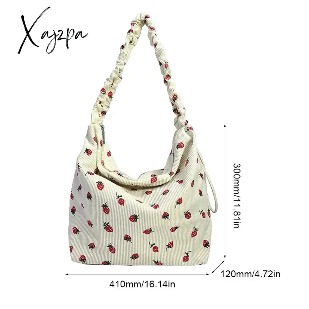 Women Strawberry Printed Shoulder Bag with Ruched Strap Strawberry Pattern Satchel Bag Corduroy Ladies Shopping Bags
