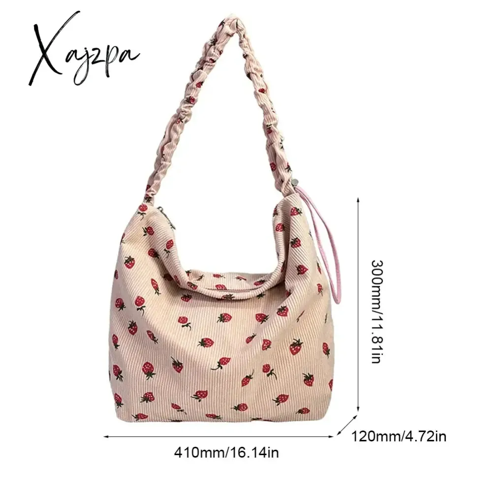 Women Strawberry Printed Shoulder Bag with Ruched Strap Strawberry Pattern Satchel Bag Corduroy Ladies Shopping Bags