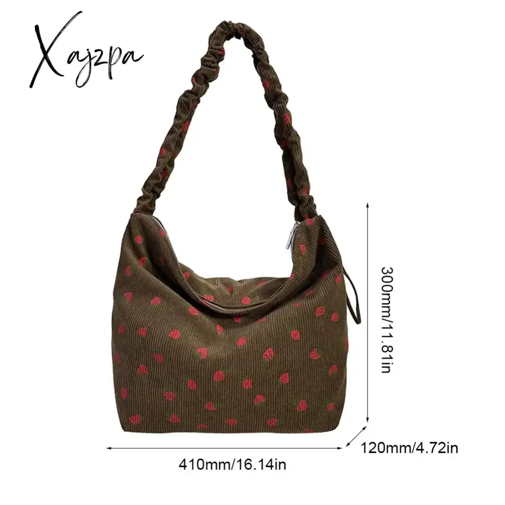 Women Strawberry Printed Shoulder Bag with Ruched Strap Strawberry Pattern Satchel Bag Corduroy Ladies Shopping Bags